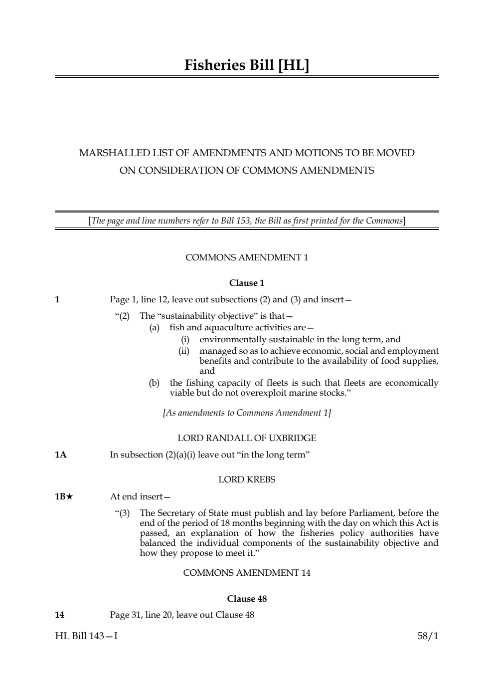 Fisheries Bill Marshalled List of Amendments and Motions to be moved on Consideration of Commons amendments