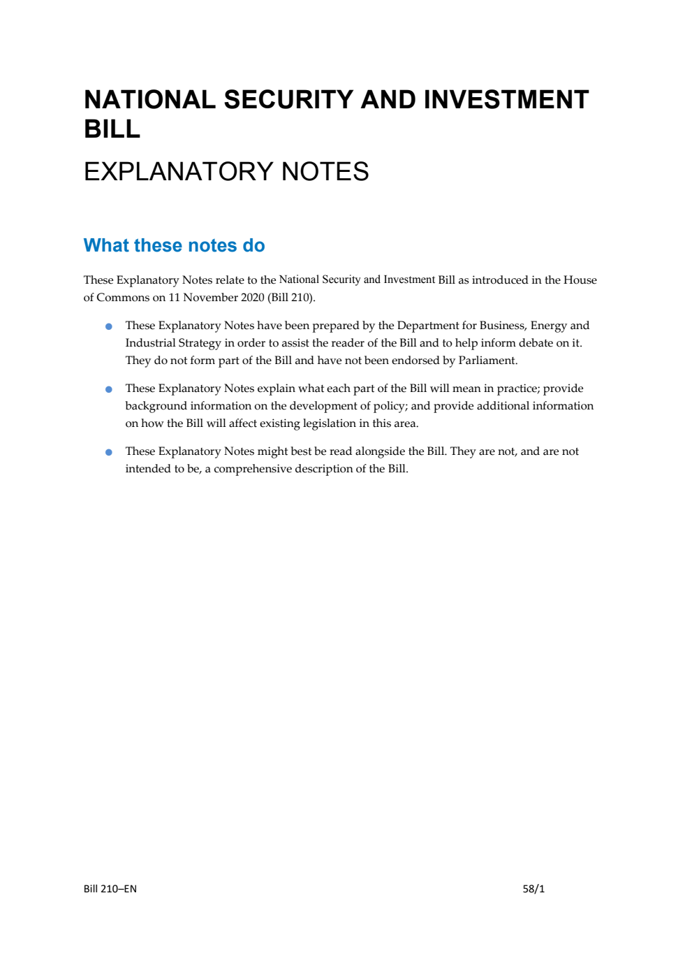 National Security and Investment Bill Explanatory Notes