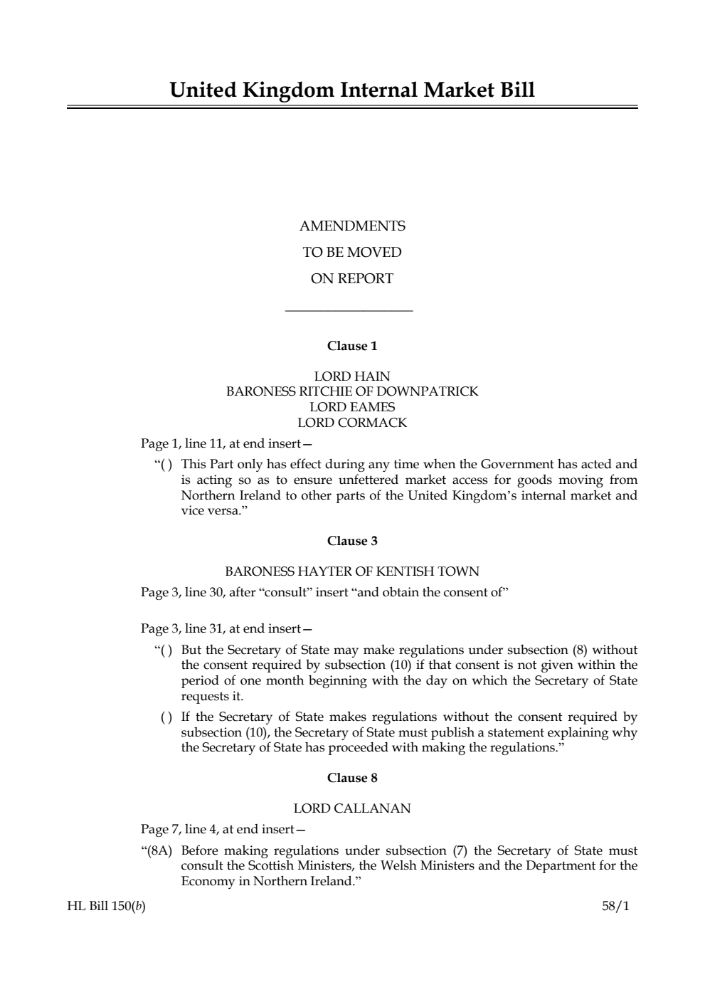 United Kingdom Internal Market Bill Amendments to be moved on Report