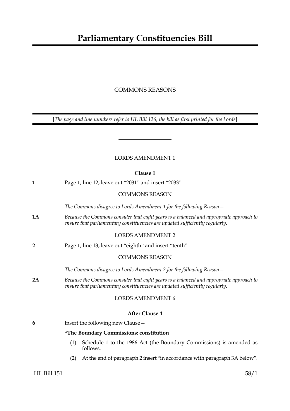 Parliamentary Constituencies Bill Commons reasons