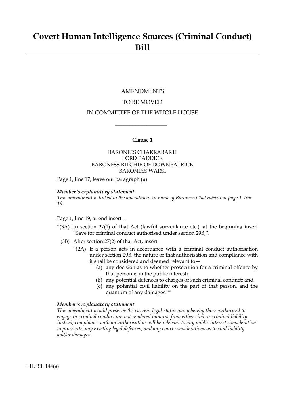 Covert Human Intelligence Sources (Criminal Conduct) Bill Amendments to be moved in Committee of the Whole House