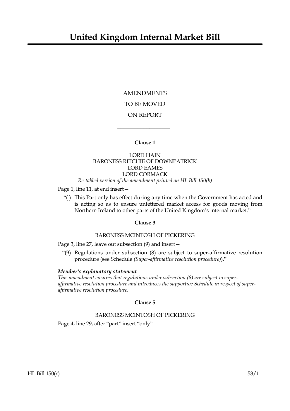 United Kingdom Internal Market Bill Amendments to be moved on Report