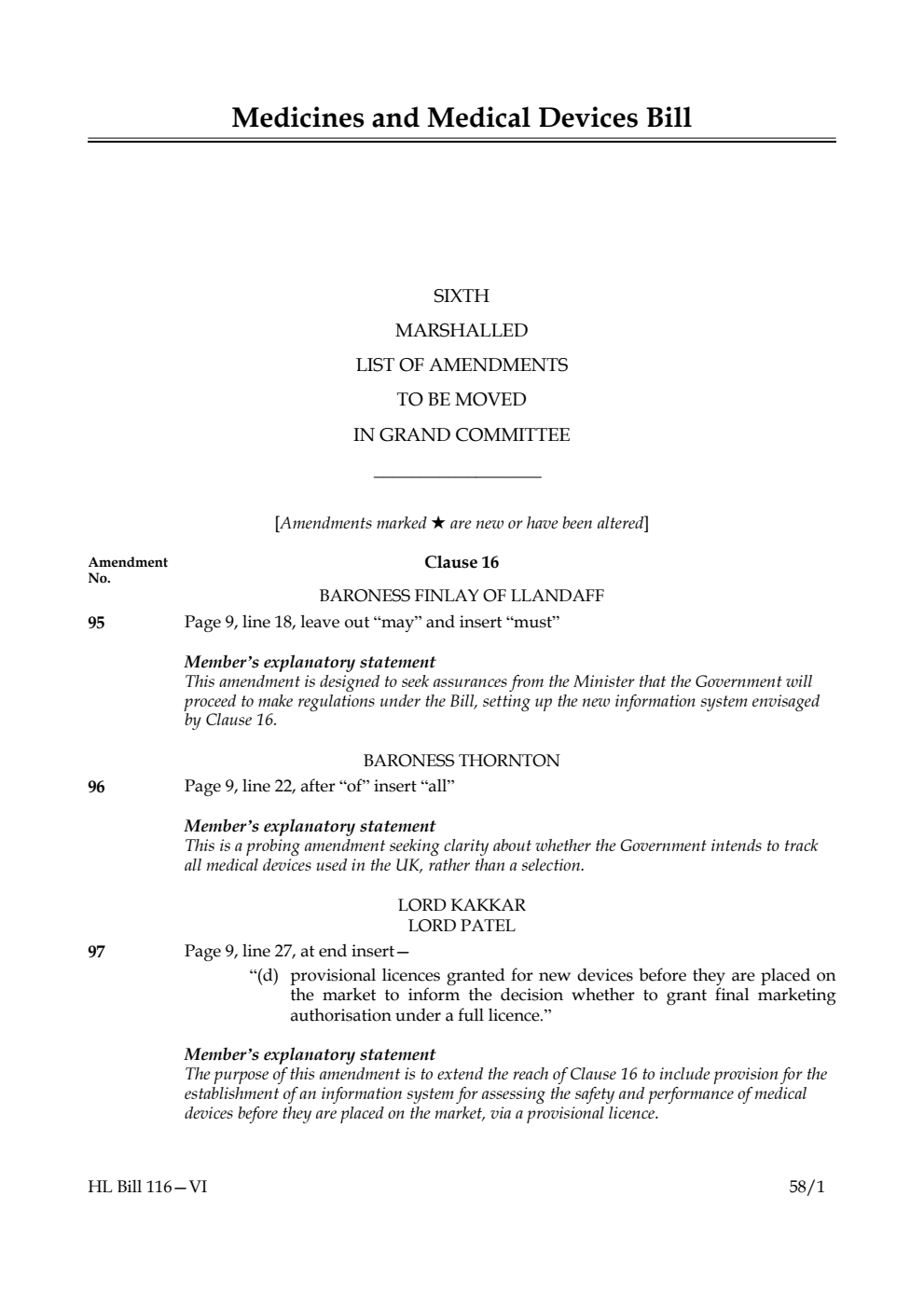 Medicines and Medical Devices Bill Sixth Marshalled List of Amendments to be moved in Grand Committee