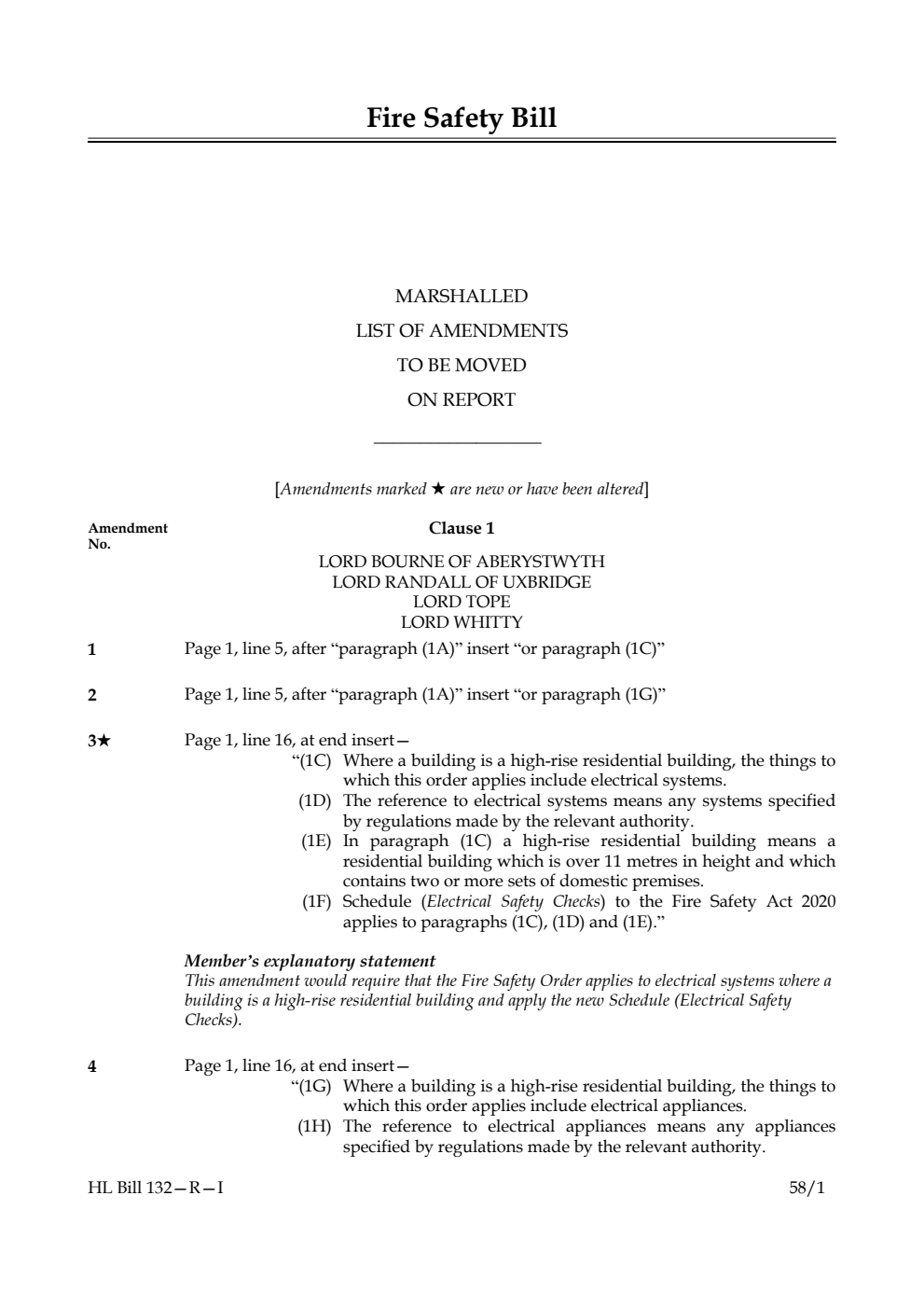 Fire Safety Bill Marshalled List of amendments to be moved on report