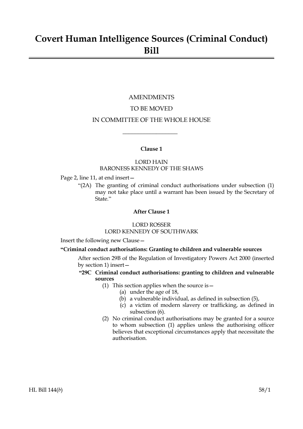 Covert Human Intelligence Sources (Criminal Conduct) Bill Amendments to be moved in Committee of the Whole House