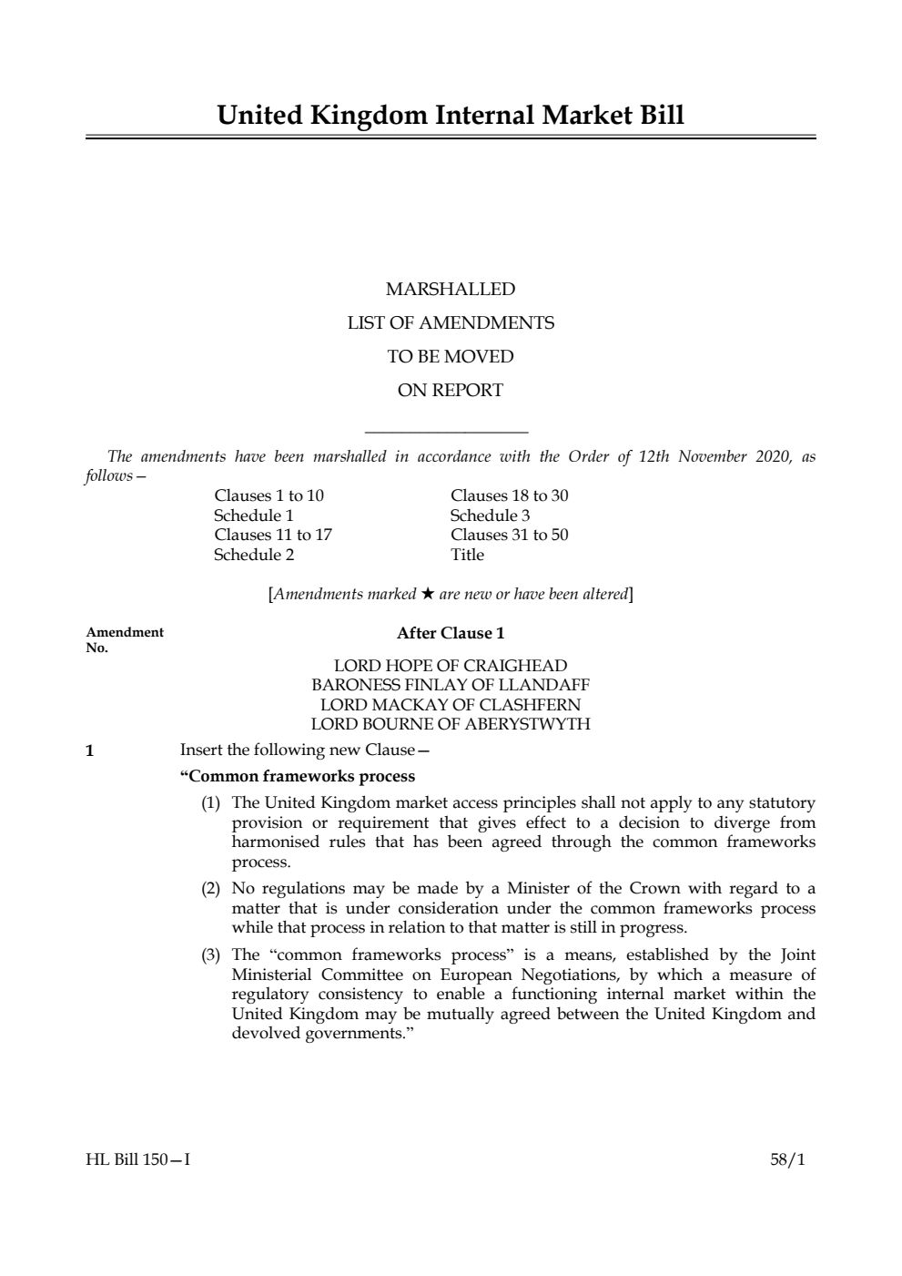 United Kingdom Internal Market Bill Marshalled List of amendments to be moved on report