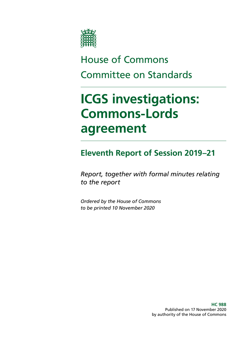 Standards Committee 11th Report. ICGS investigations: Commons-Lords agreement