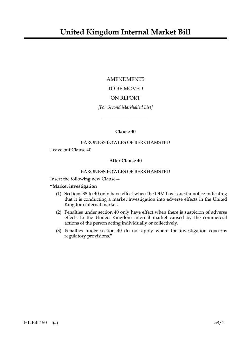 United Kingdom Internal Market Bill Amendments to be moved on report