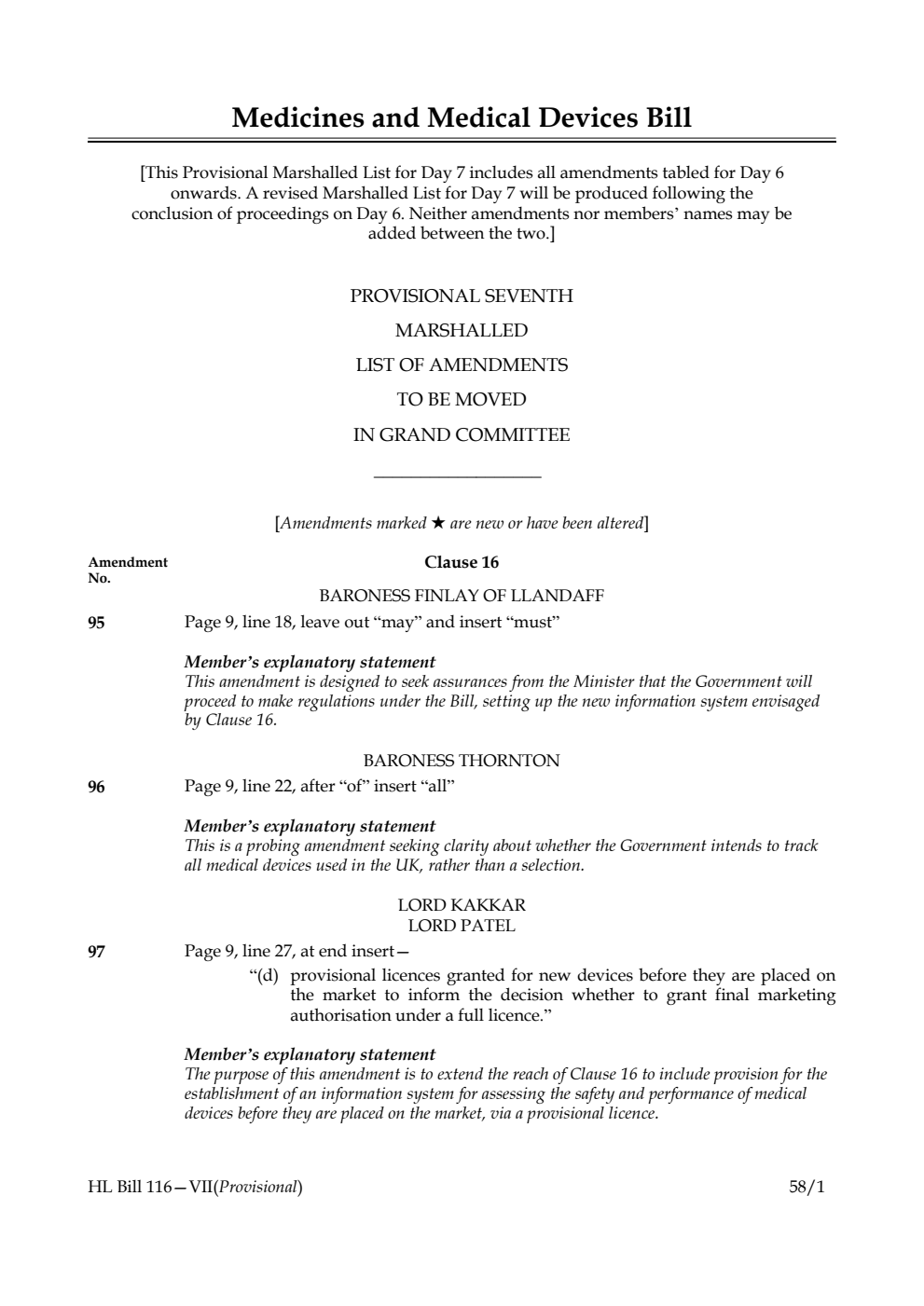 Medicines and Medical Devices Bill Provisional Seventh Marshalled List of Amendments to be moved in Grand Committee