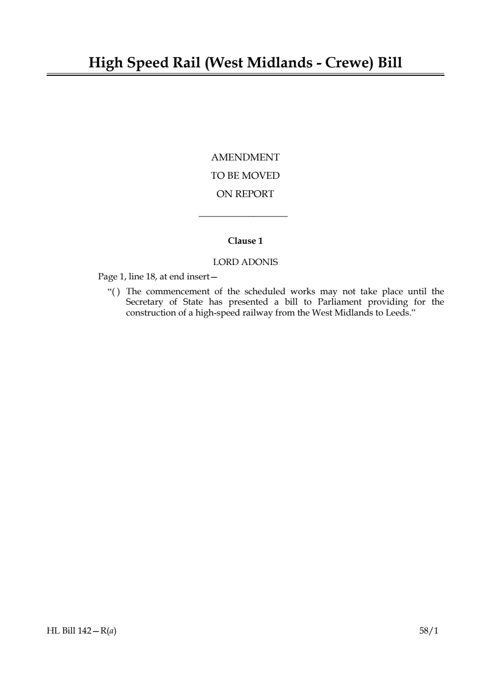 High Speed Rail (West Midlands - Crewe) Bill Amendment to be moved on report