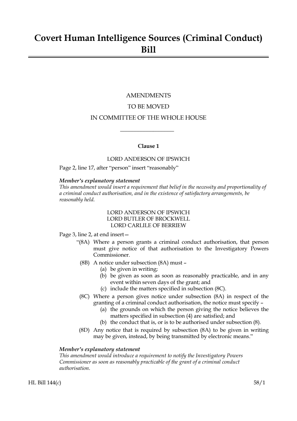 Covert Human Intelligence Sources (Criminal Conduct) Bill Amendments to be moved in Committee of the Whole House