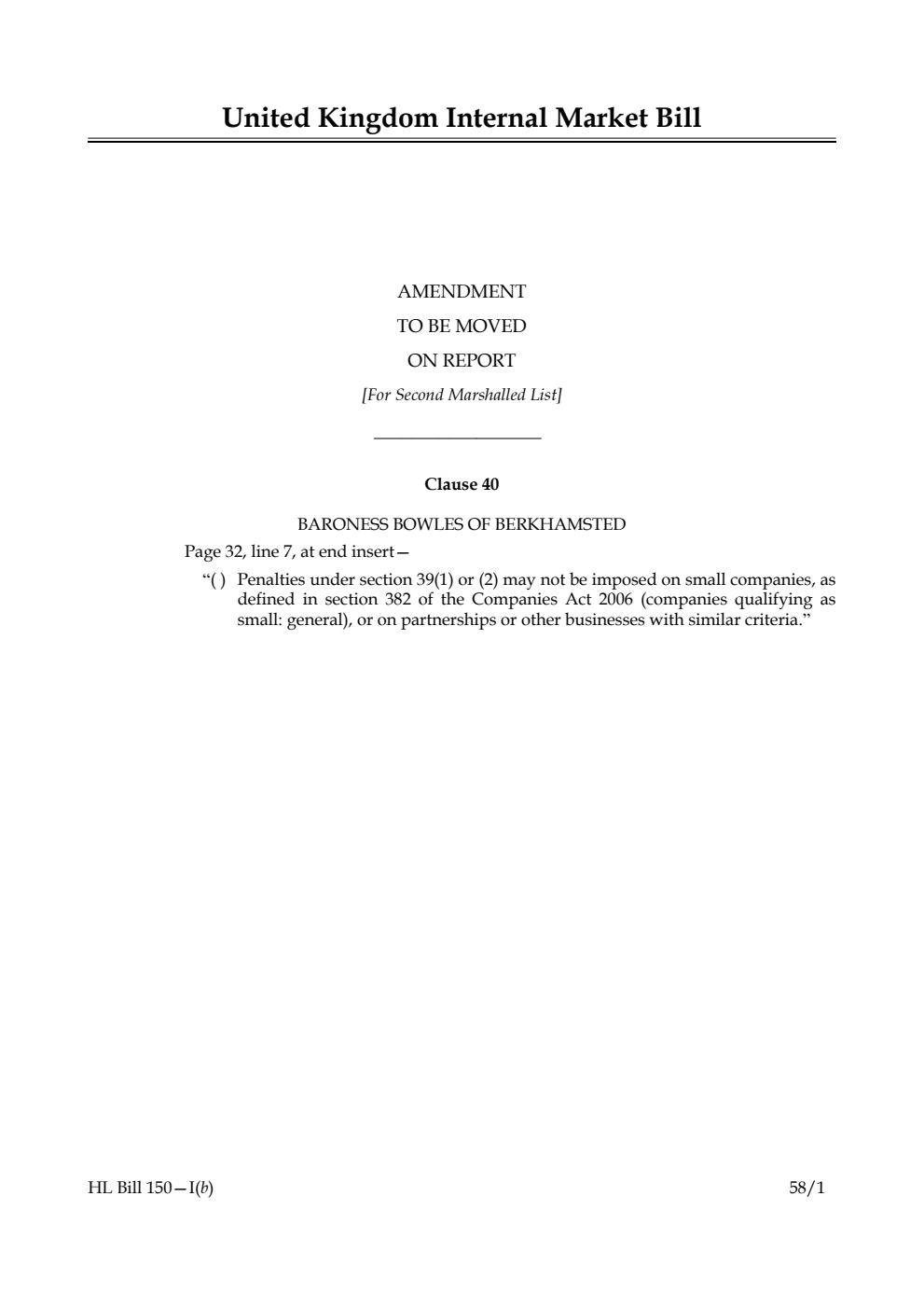 United Kingdom Internal Market Bill Amendment to be moved on report