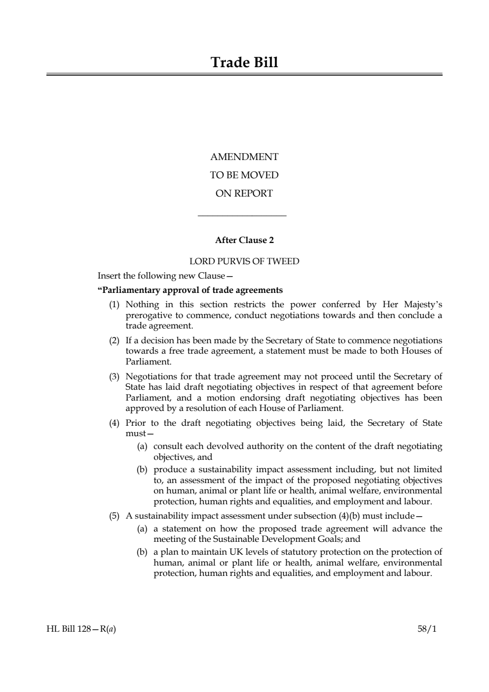 Trade Bill Amendment to be moved on report