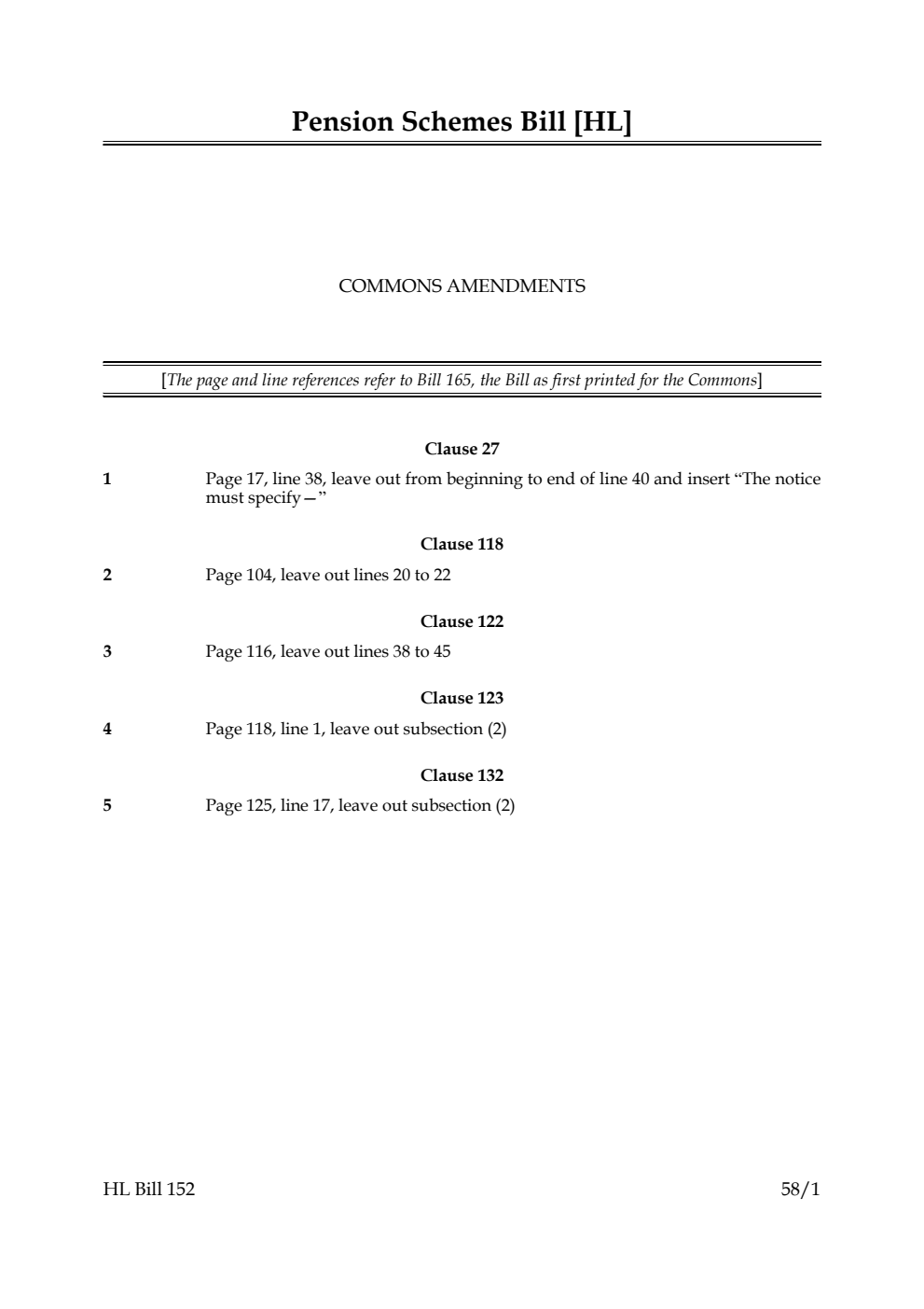 Pension Schemes Bill Commons Amendments
