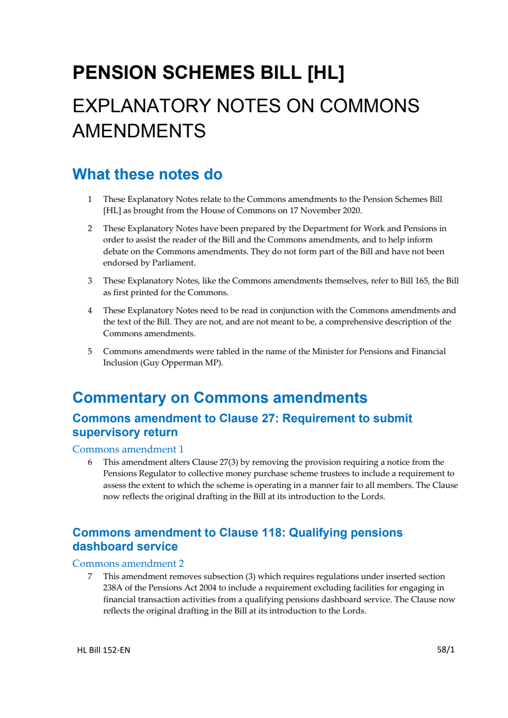 Pension Schemes Bill Explanatory Notes on Commons Amendments
