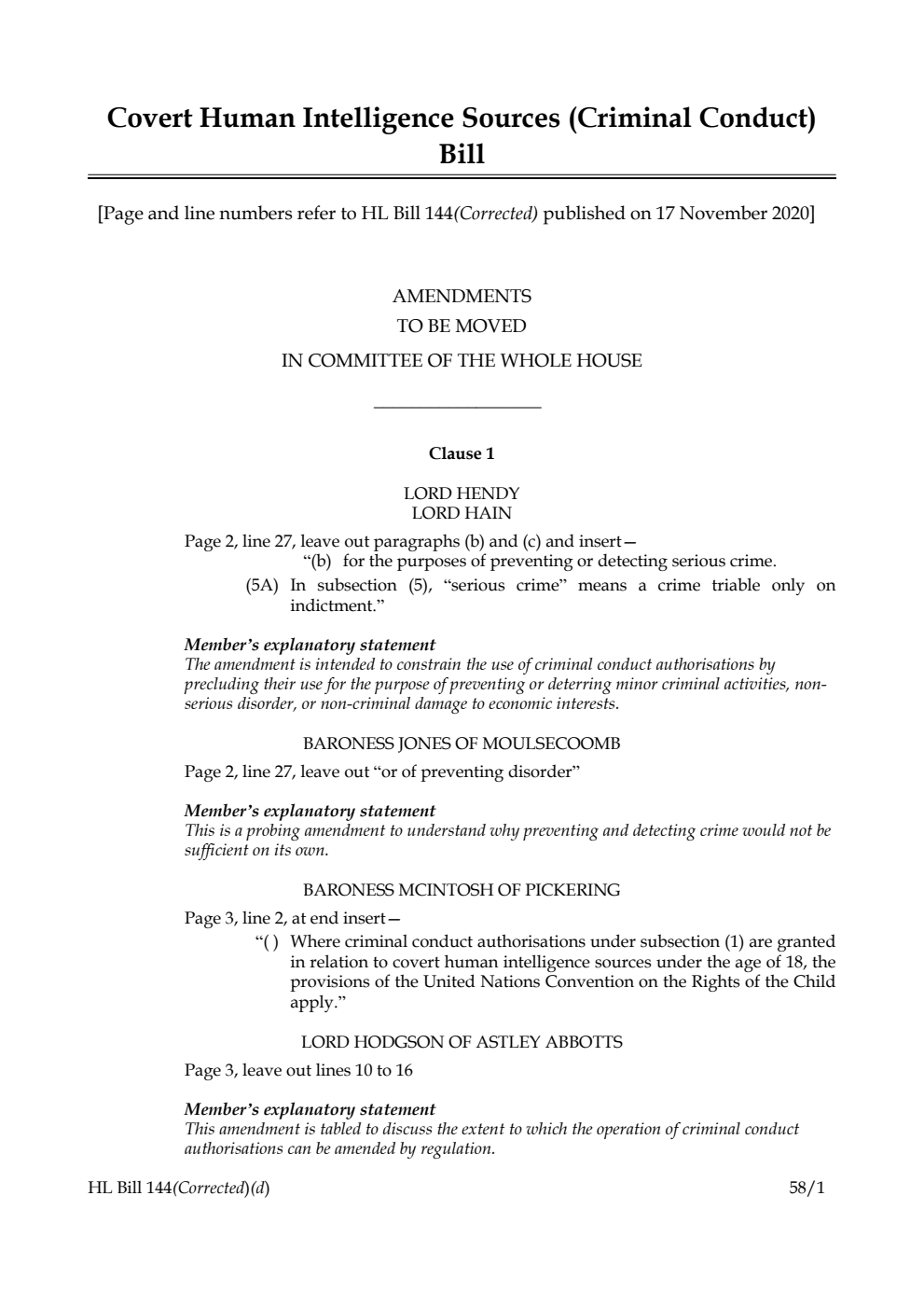 Covert Human Intelligence Sources (Criminal Conduct) Bill Amendments to be moved in Committee of the Whole House