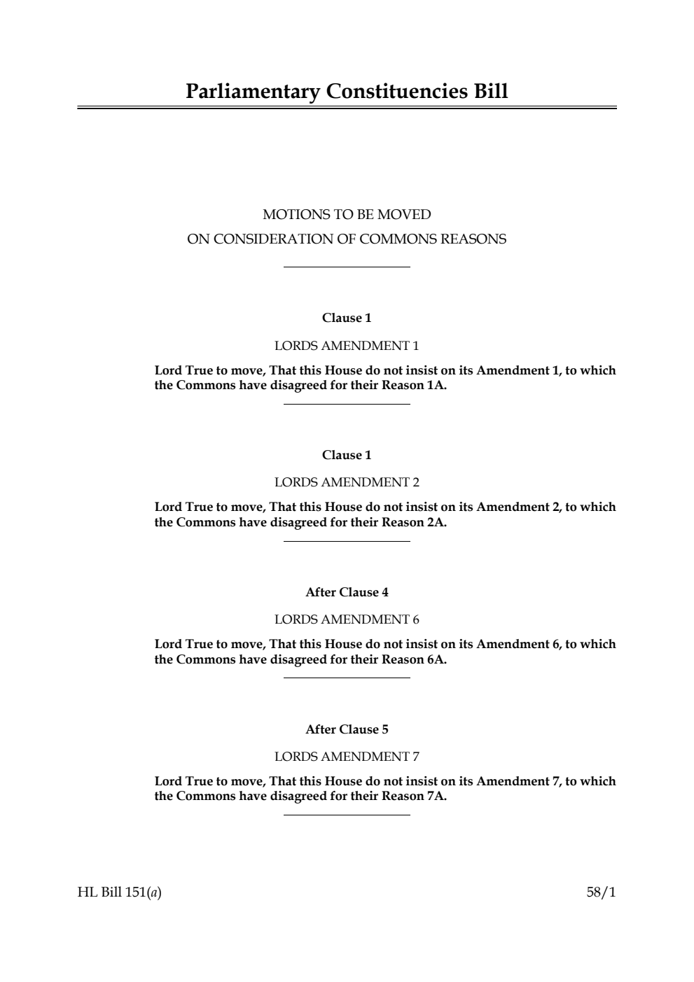 Parliamentary Constituencies Bill Motions to be moved on consideration of Commons reasons