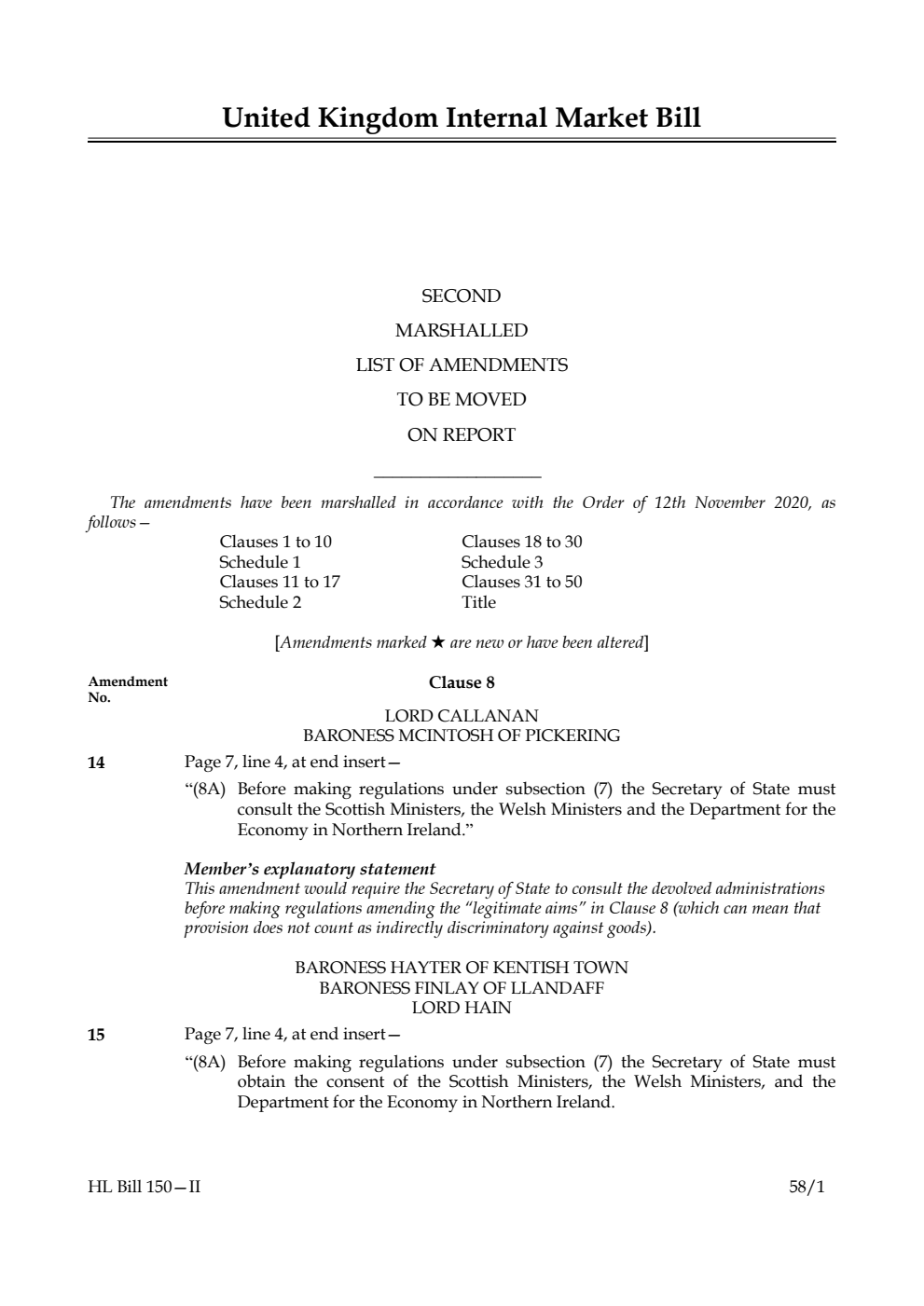 United Kingdom Internal Market Bill Second Marshalled List of amendments to be moved on report