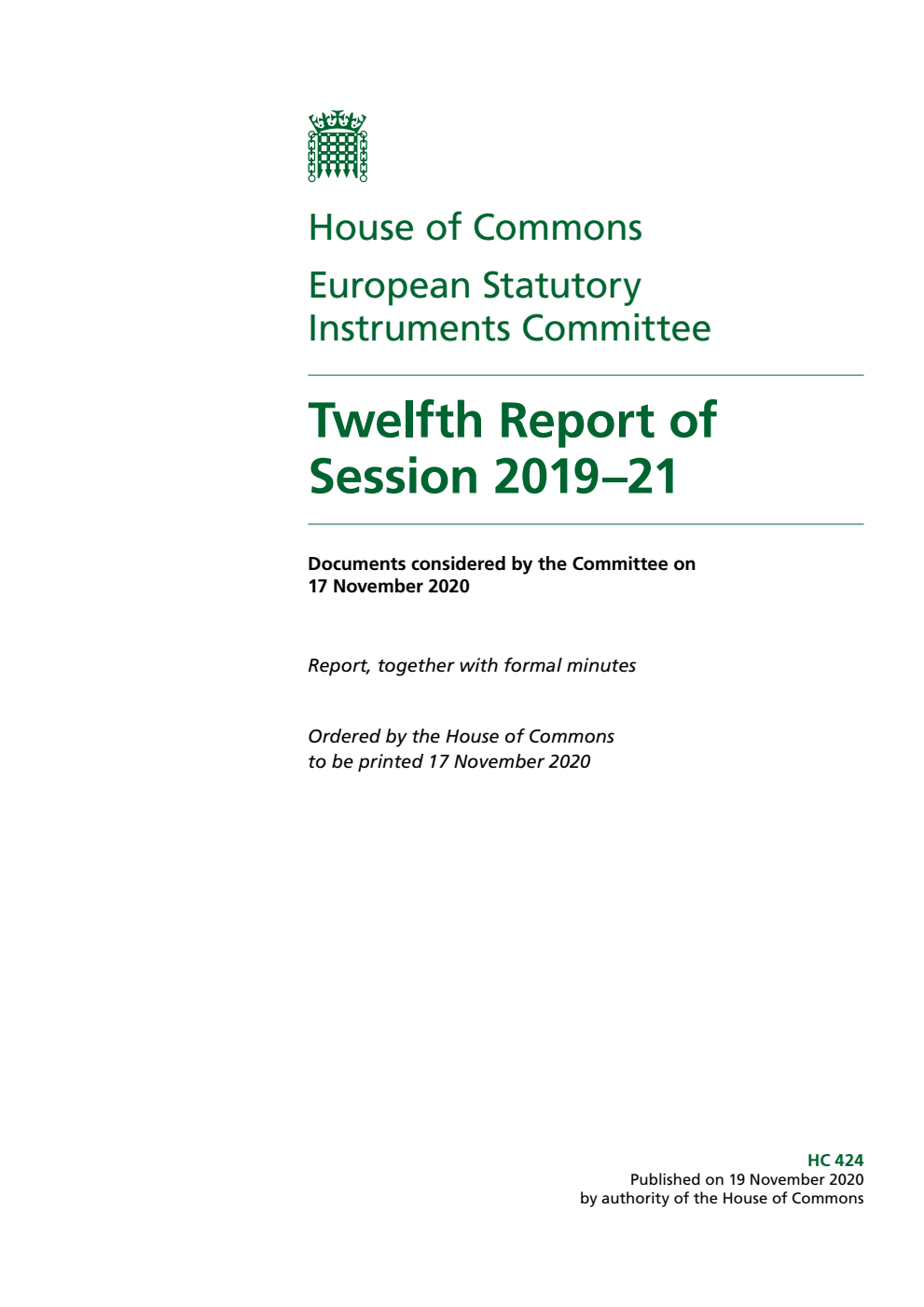 European Statutory Instruments Committee 12th Report of Session 2019-2021