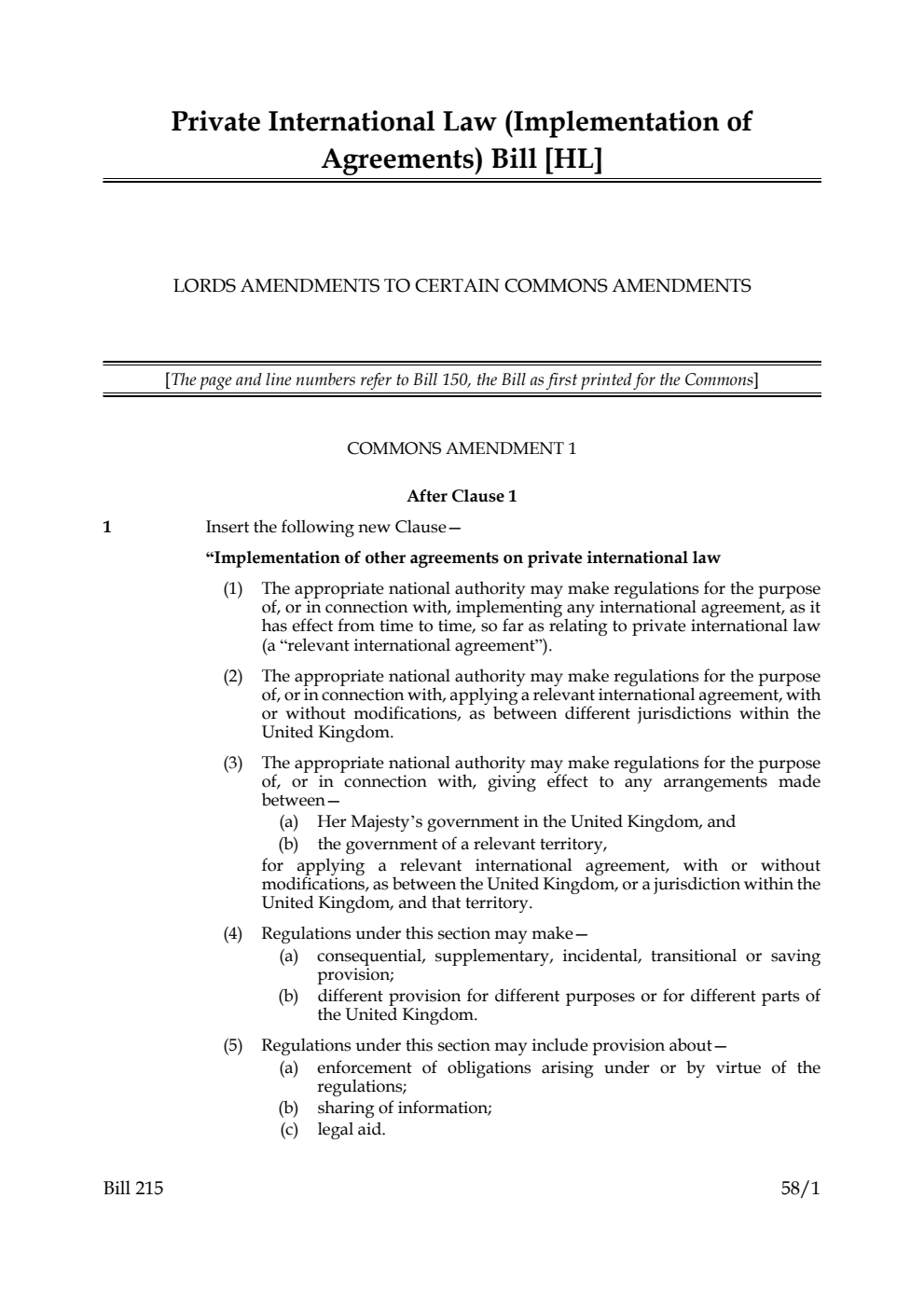 Private International Law (Implementation of Agreements) Bill Lords Amendments to Certain Commons Amendments