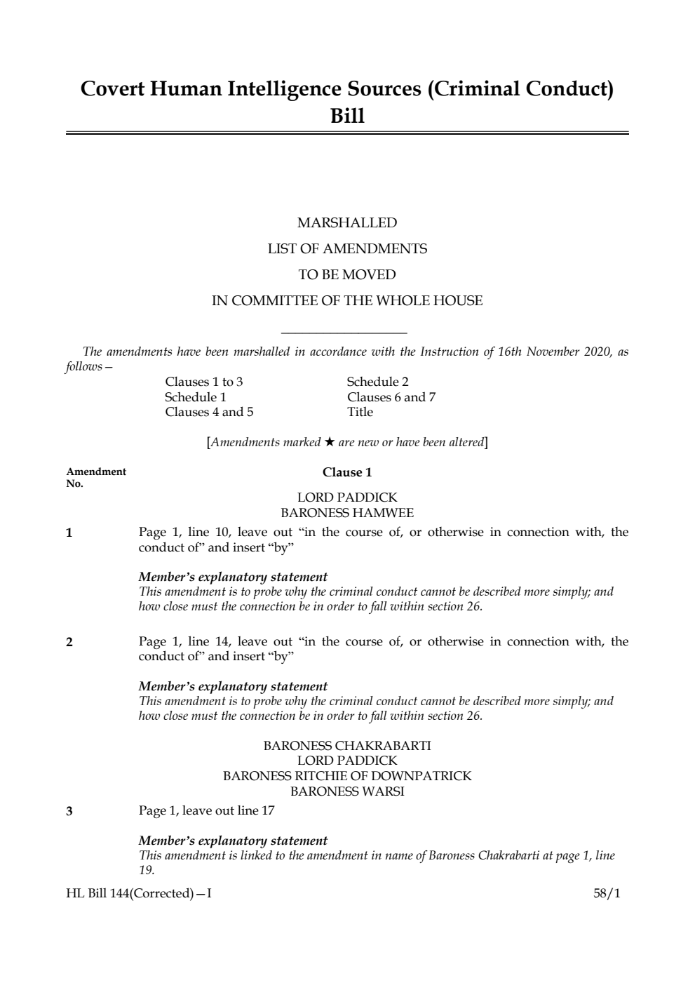Covert Human Intelligence Sources (Criminal Conduct) Bill Marshalled List of Amendments to be moved in Committee of the Whole House