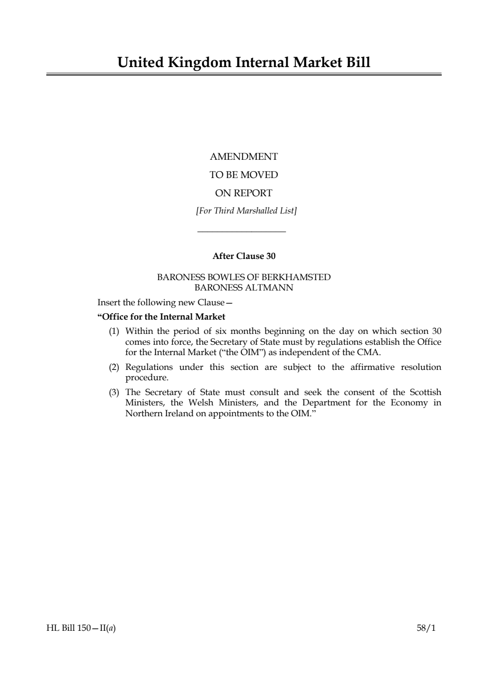 United Kingdom Internal Market Bill Amendment to be moved on report