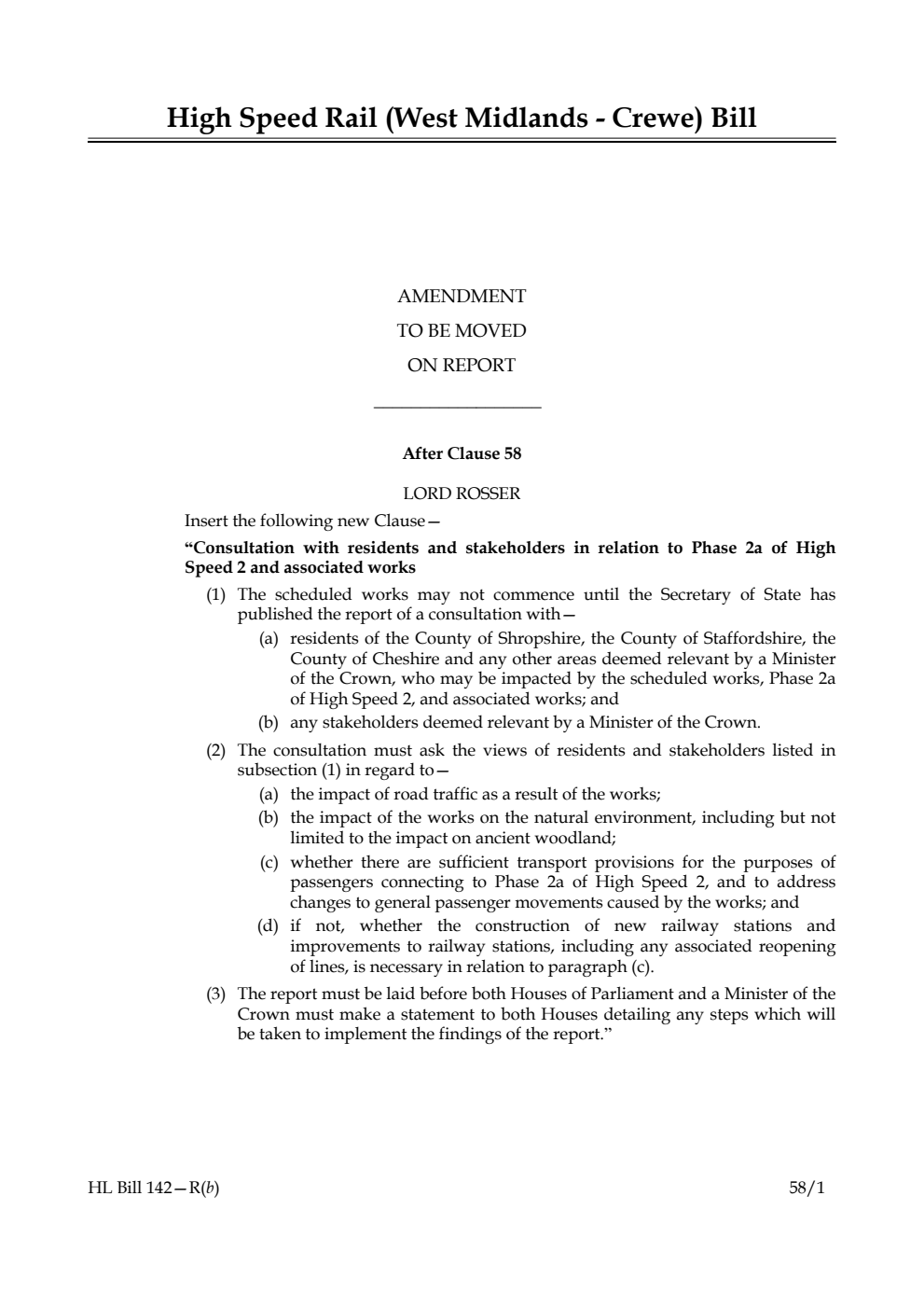 High Speed Rail (West Midlands - Crewe) Bill Amendment to be moved on report