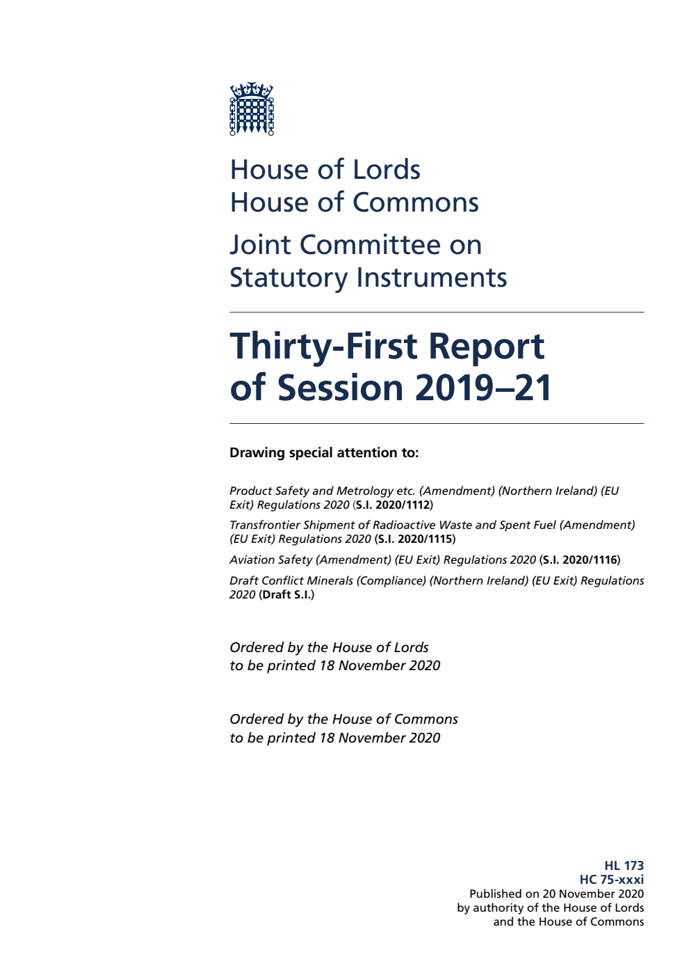 Joint Committee on Statutory Instruments 31st Report of Session 2019-21