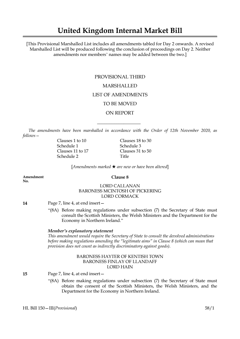 United Kingdom Internal Market Bill Provisional Third Marshalled List of amendments to be moved on report
