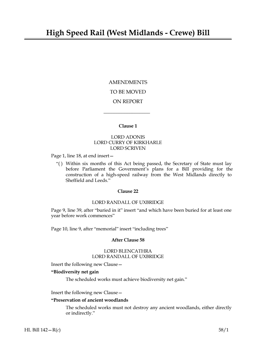 High Speed Rail (West Midlands - Crewe) Bill Amendments to be moved on report