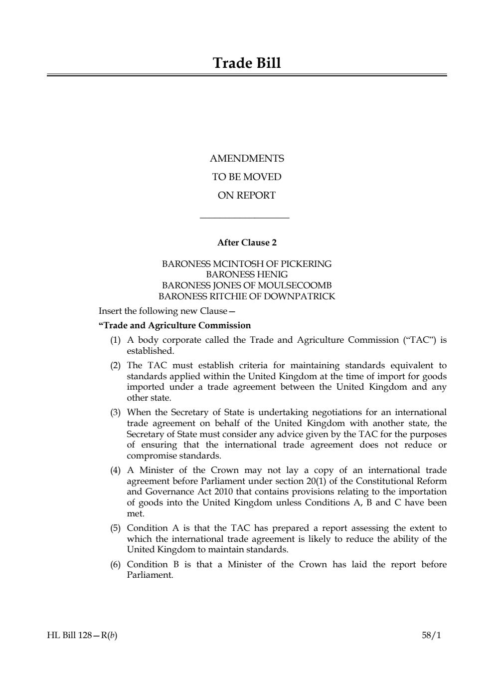 Trade Bill Amendments to be moved on report