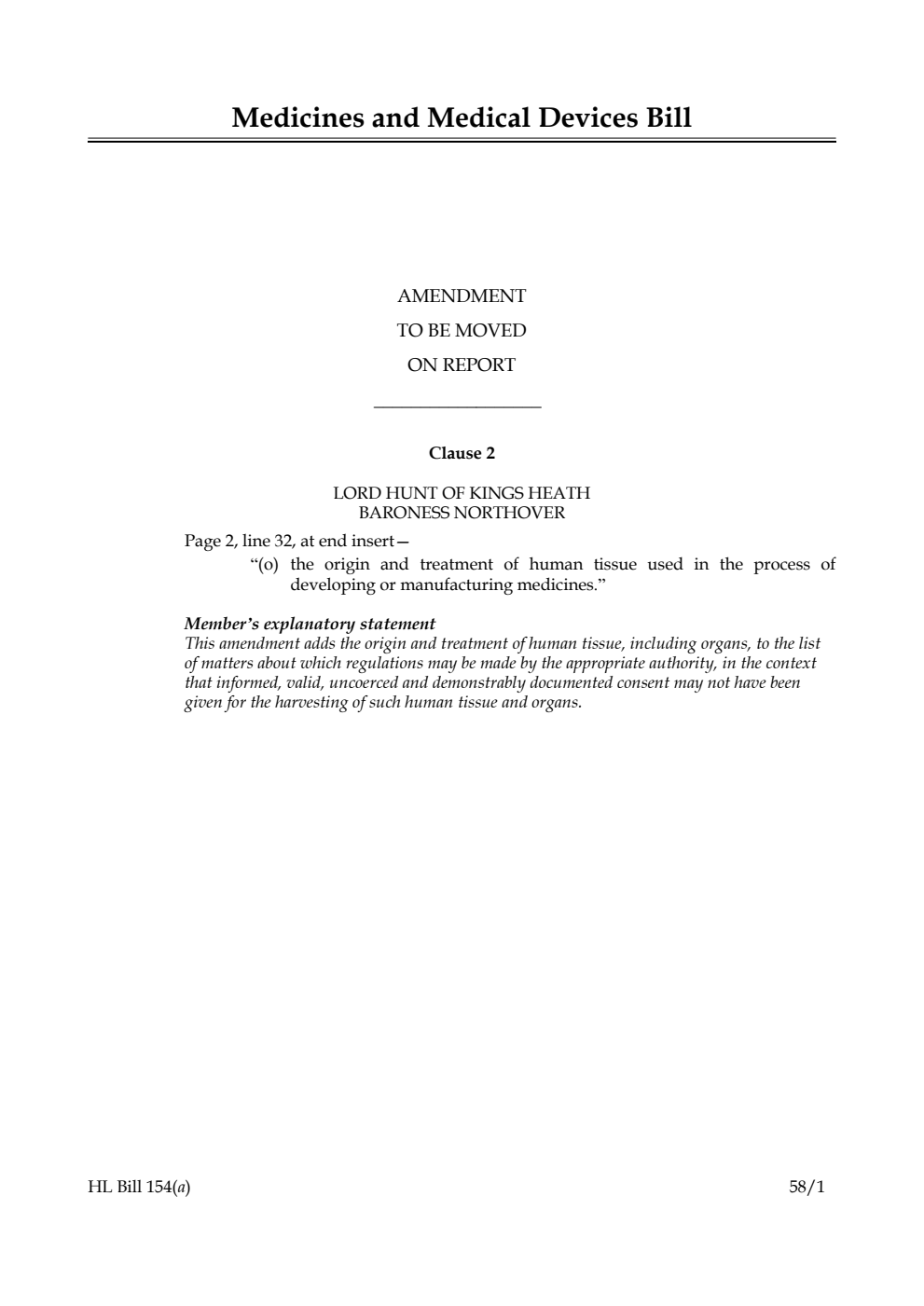 Medicines and Medical Devices Bill Amendment to be moved on report