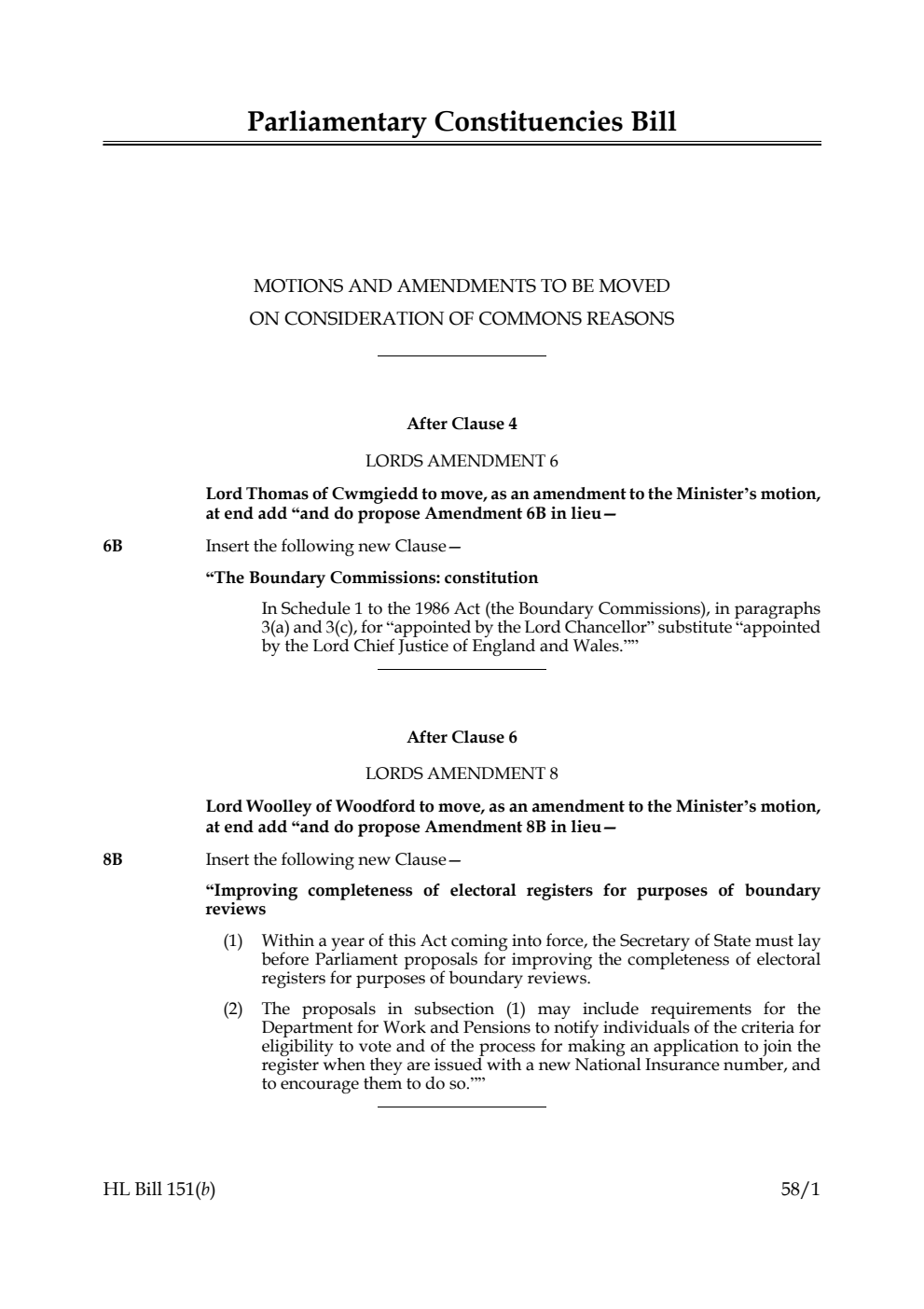 Parliamentary Constituencies Bill Motions and amendments to be moved on Consideration of Commons reasons
