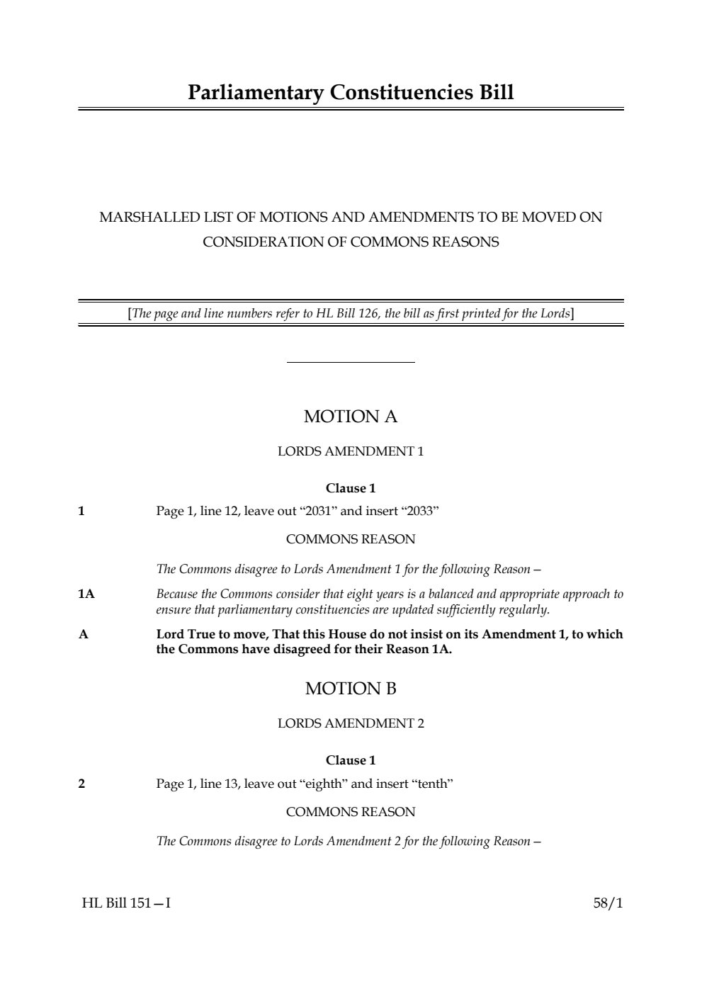 Parliamentary Constituencies Bill Marshalled list of motions and amendments to be moved on Consideration of Commons reasons