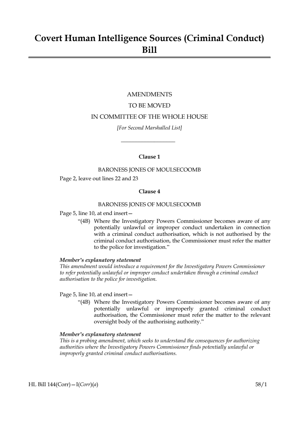 Covert Human Intelligence Sources (Criminal Conduct) Bill Amendments to be moved in Committee of the Whole House