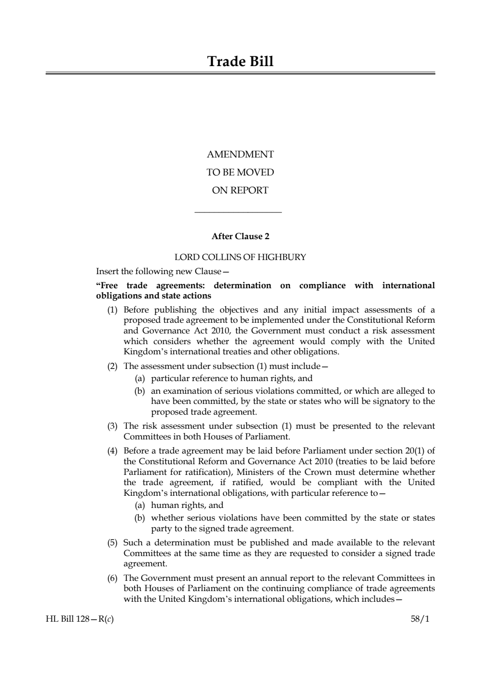 Trade Bill Amendment to be moved on report