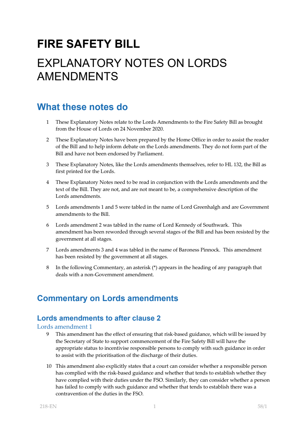 Fire Safety Bill Explanatory Notes on Lords Amendments