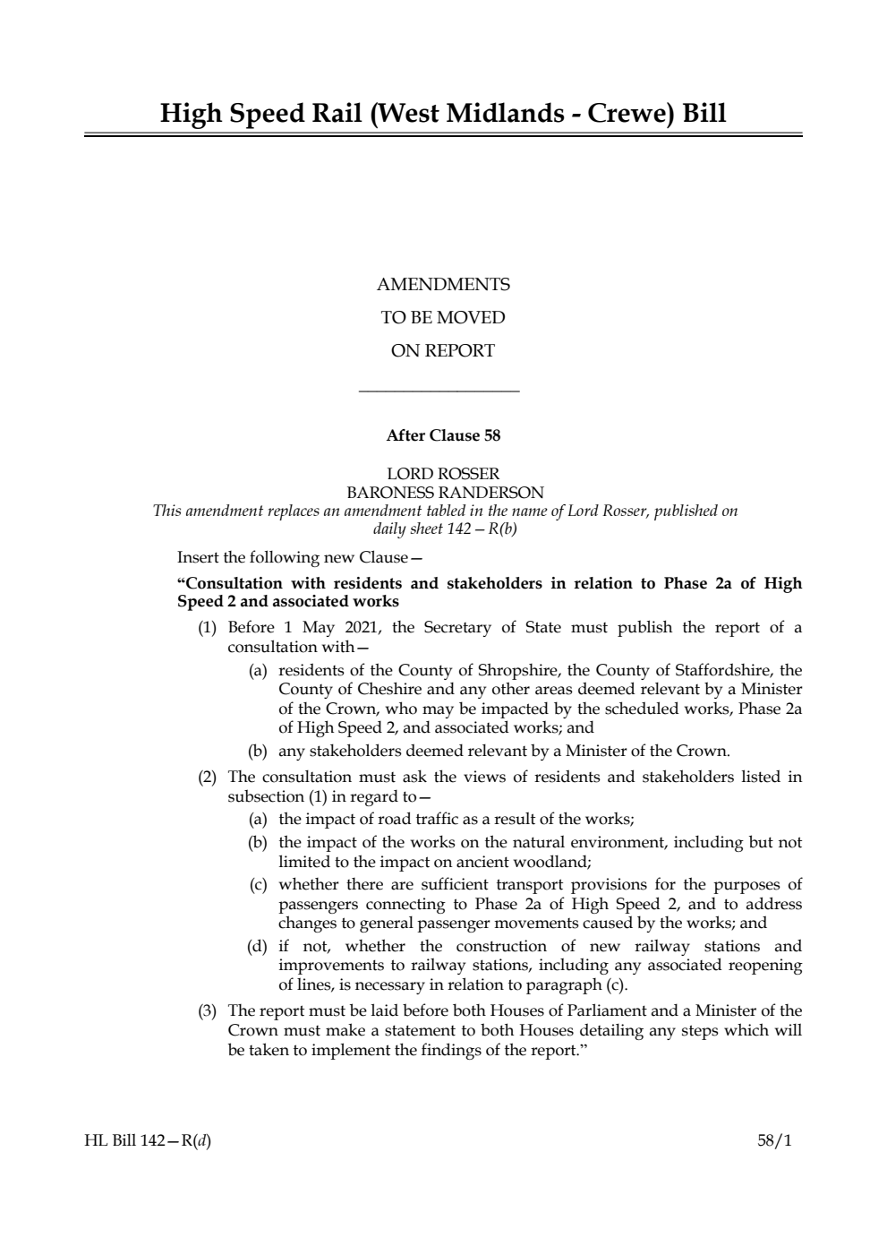 High Speed Rail (West Midlands - Crewe) Bill Amendments to be moved on report