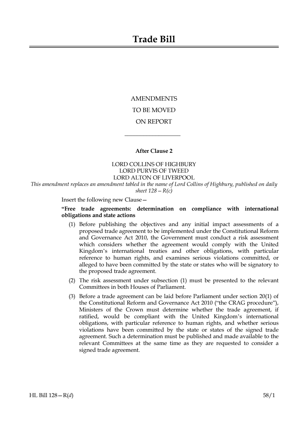 Trade Bill Amendments to be moved on report