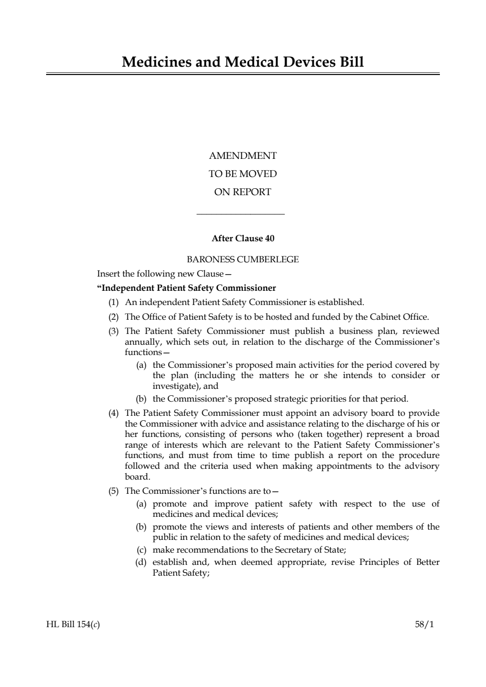 Medicines and Medical Devices Bill Amendment to be moved on report