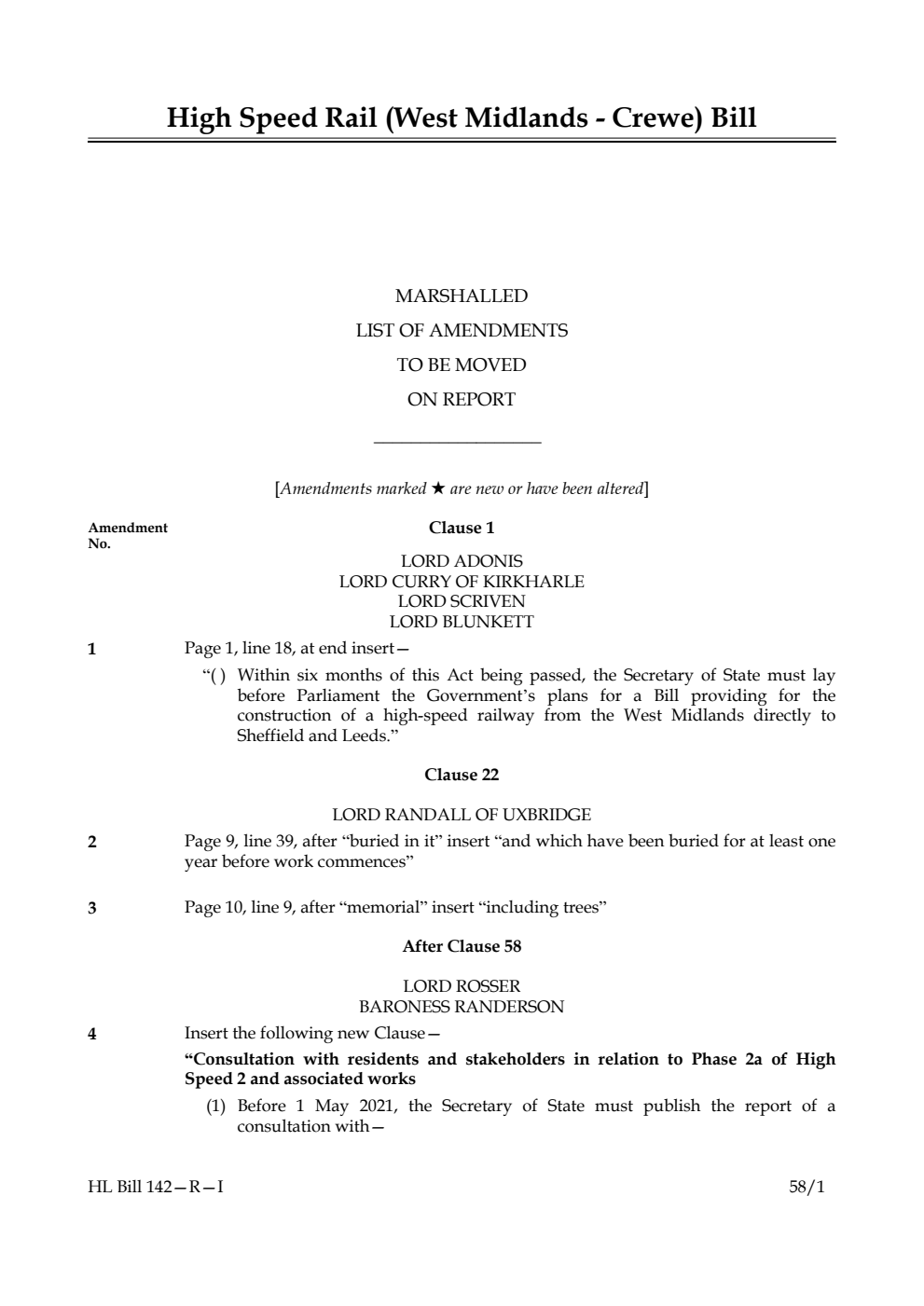High Speed Rail (West Midlands - Crewe) Bill Marshalled List of amendments to be moved on report