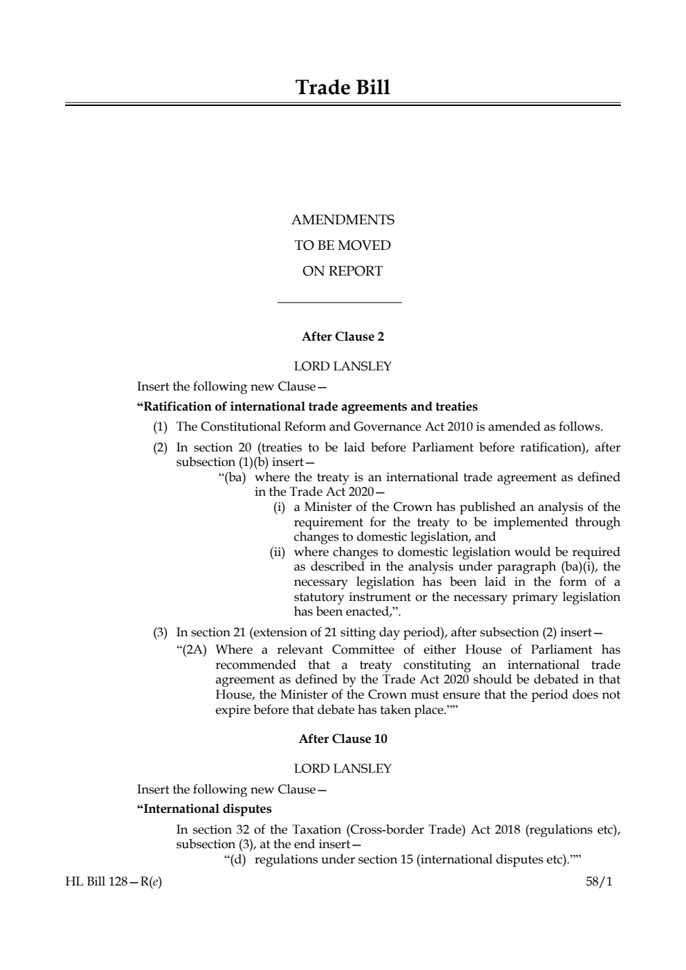 Trade Bill Amendments to be moved on report