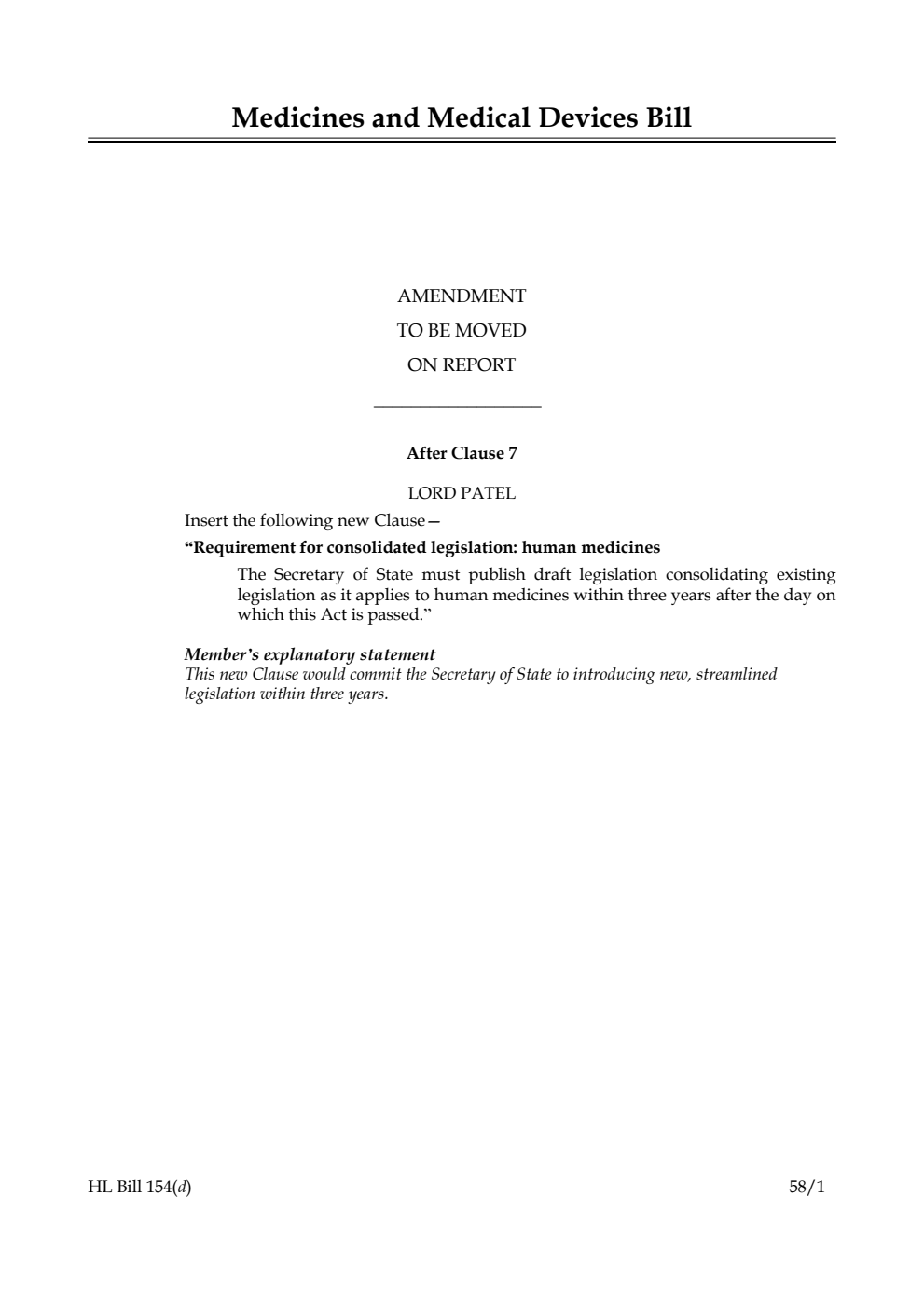 Medicines and Medical Devices Bill Amendment to be moved on report