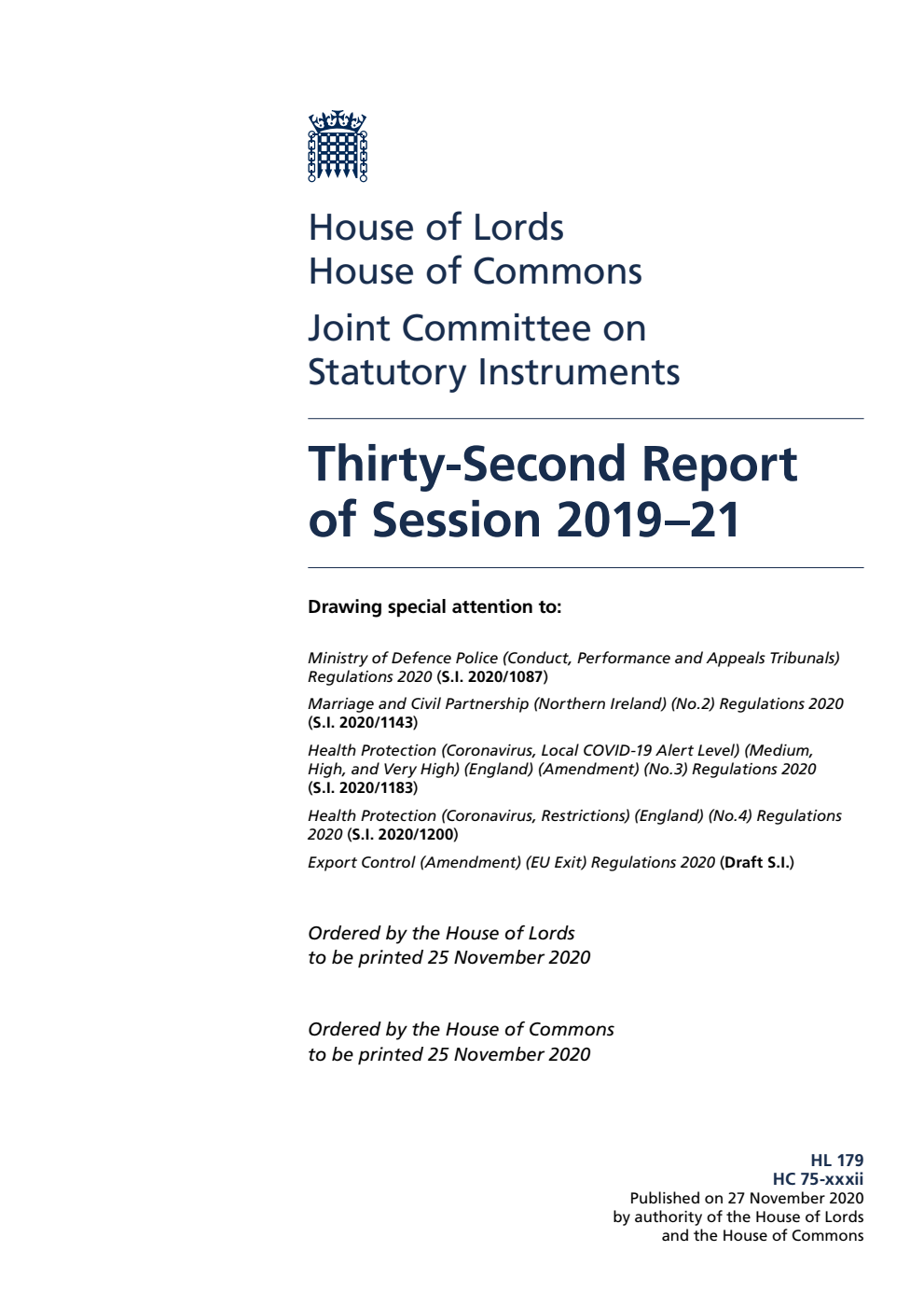 Joint Committee on Statutory Instruments 32nd Report of Session 2019-21