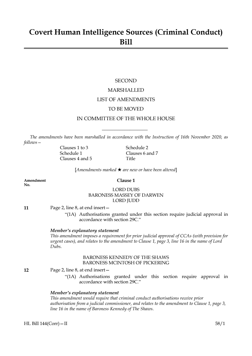 Covert Human Intelligence Sources (Criminal Conduct) Bill Second Marshalled List of Amendments to be moved in Committee of the Whole House