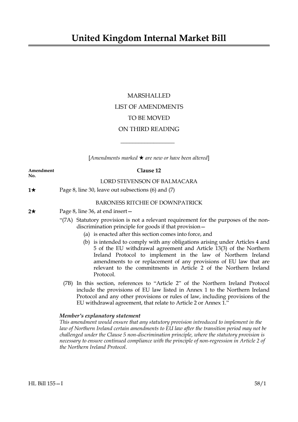 United Kingdom Internal Market Bill Marshalled List of amendments to be moved on third reading