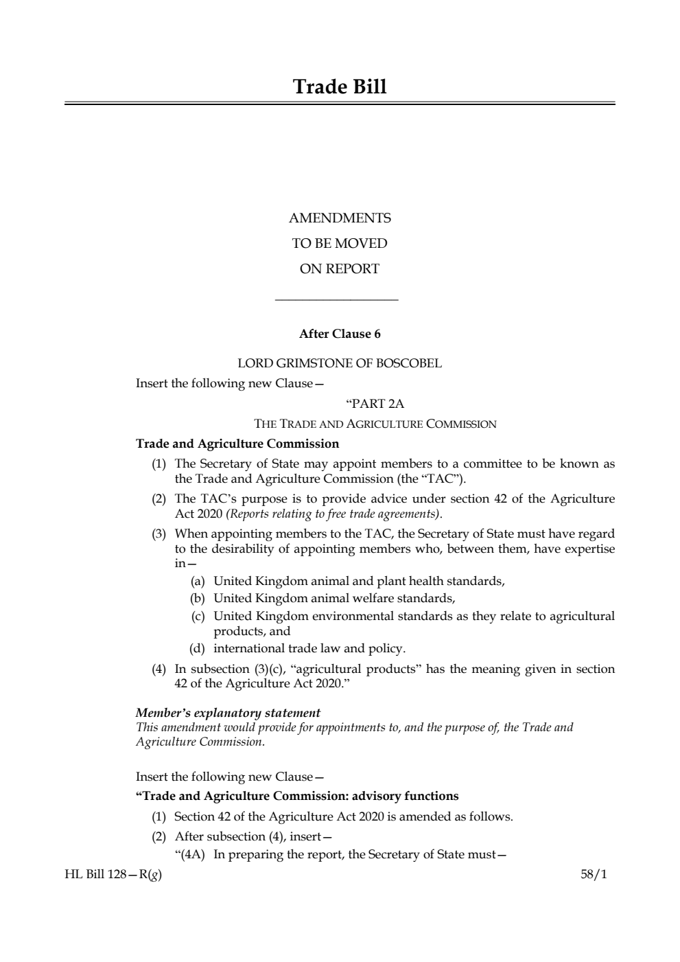 Trade Bill Amendments to be moved on report