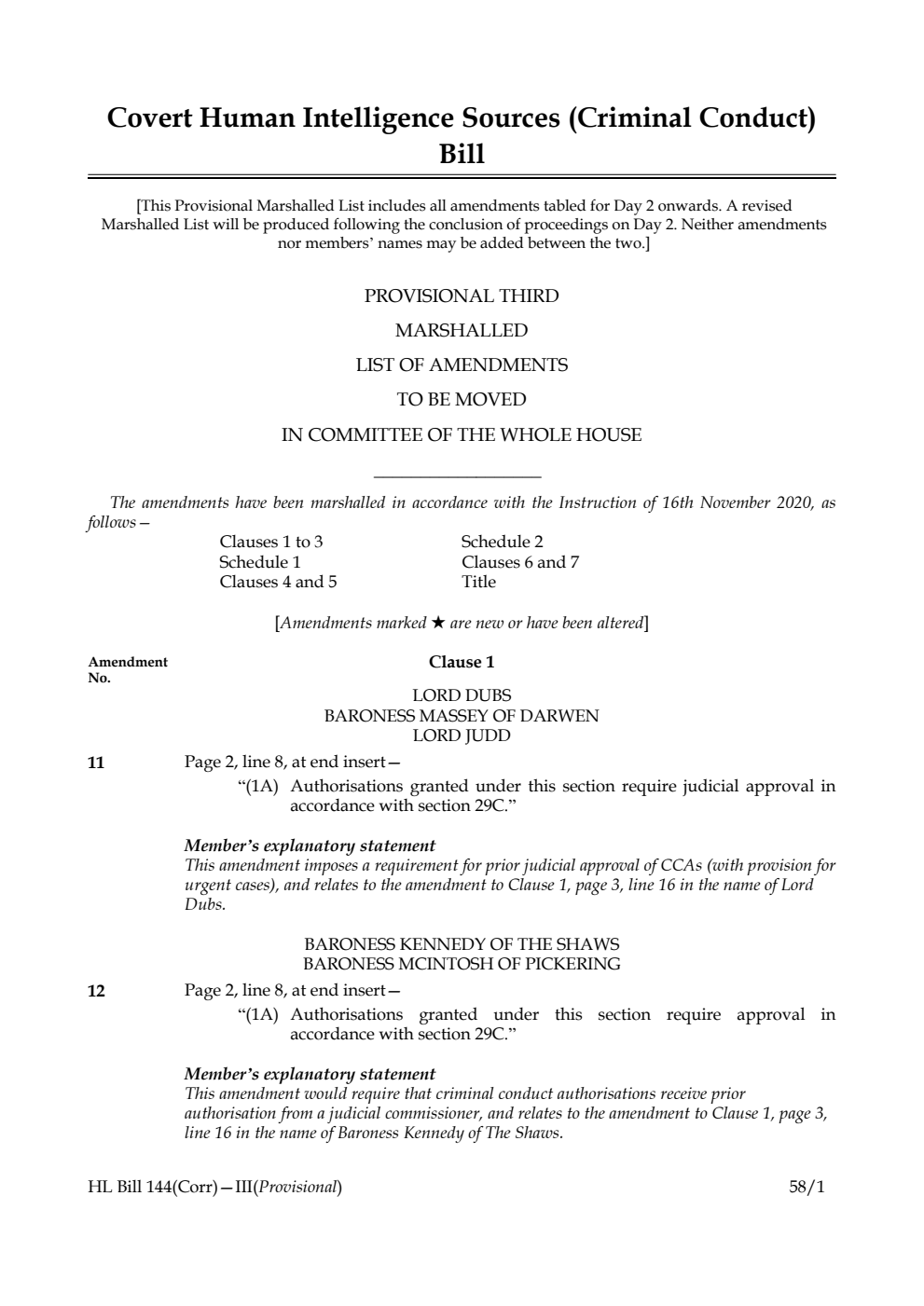 Covert Human Intelligence Sources (Criminal Conduct) Bill Provisional Third Marshalled List of Amendments to be moved in Committee of the Whole House
