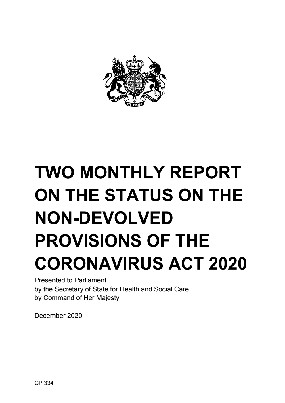 Two monthly report on the status on the non-devolved provisions of the Coronavirus Act 2020
