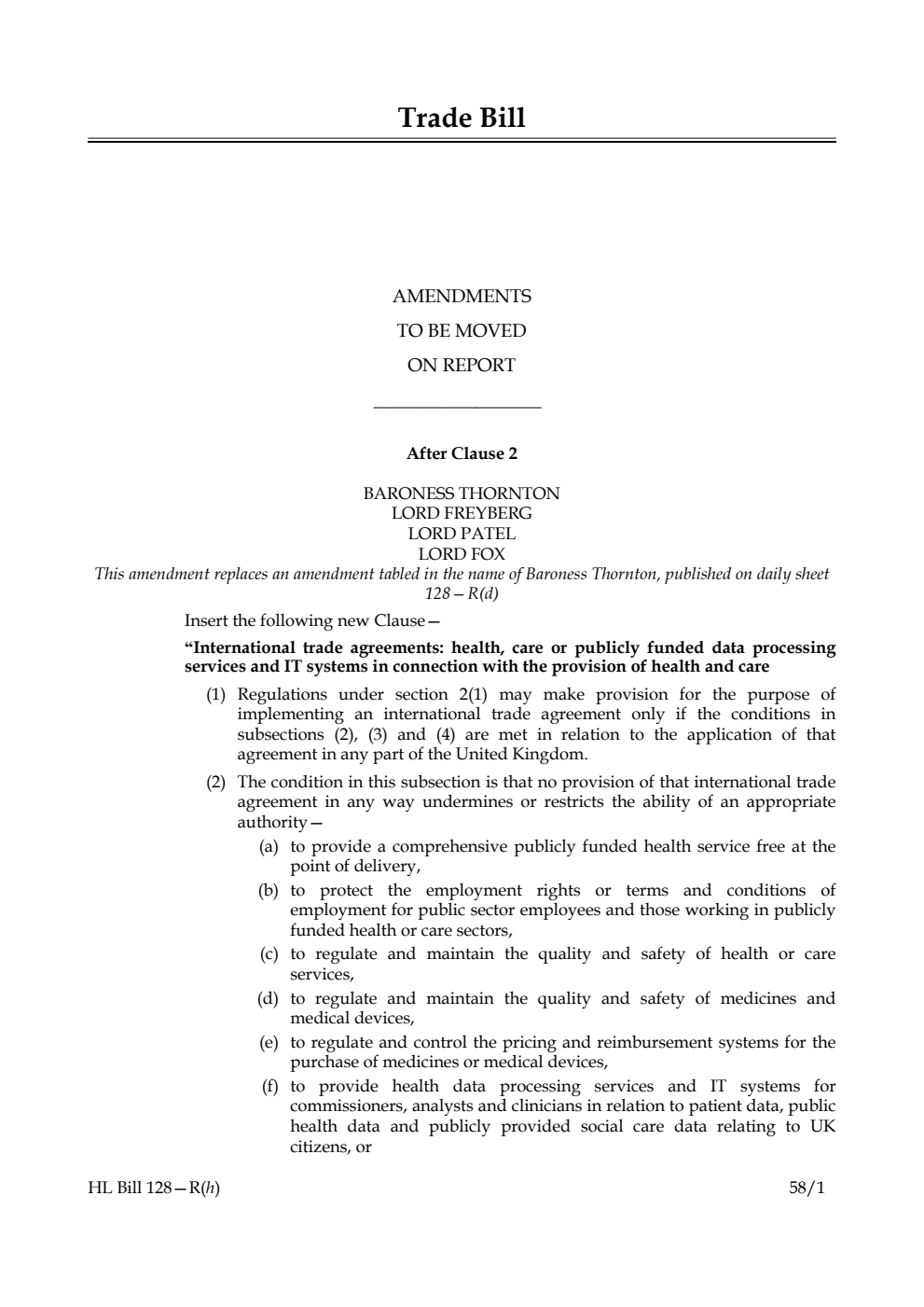 Trade Bill Amendments to be moved on report